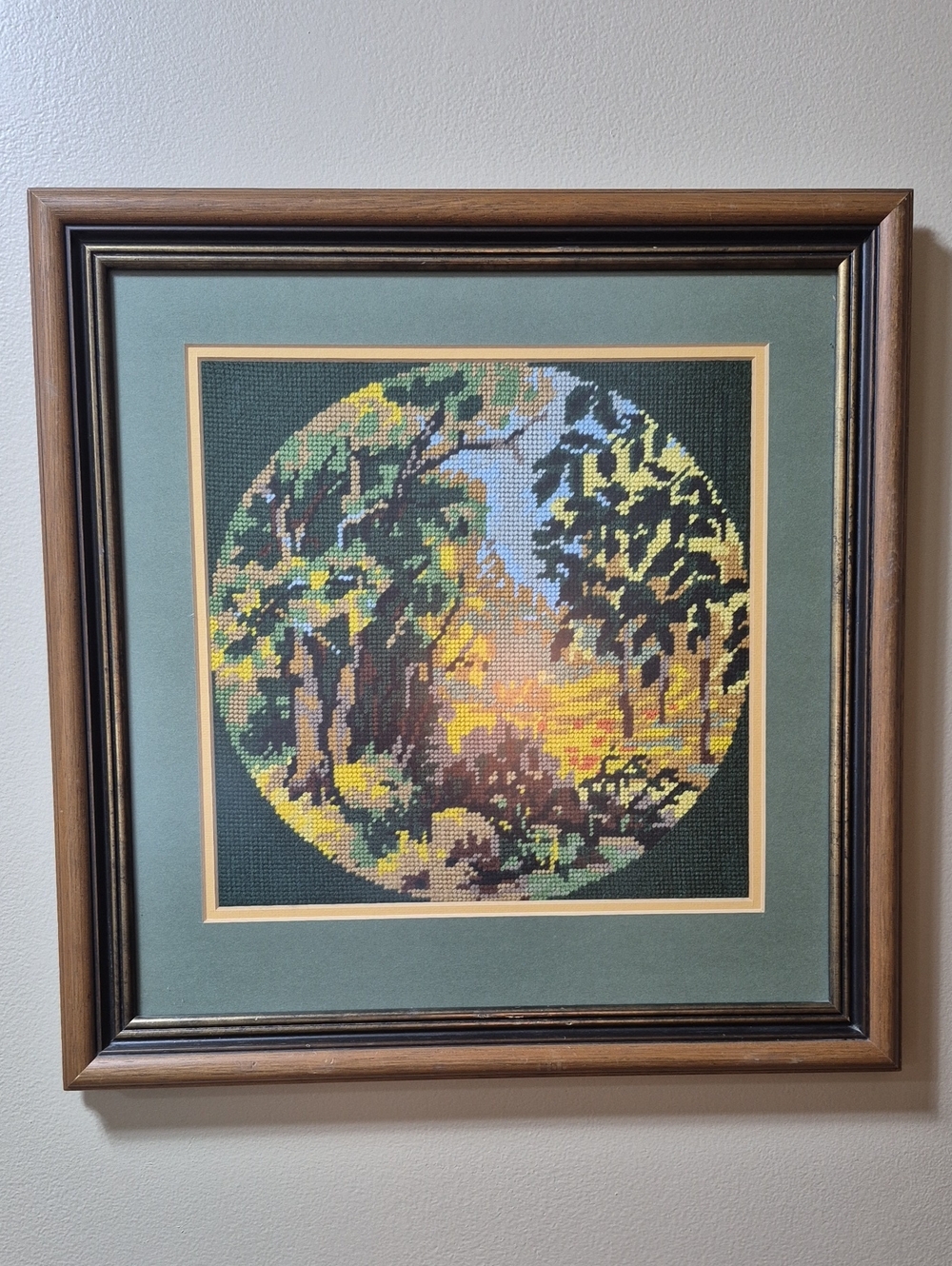 VINTAGE Framed and Matted Forest Woodland Theme Embroidery Needlepoint Wall Art